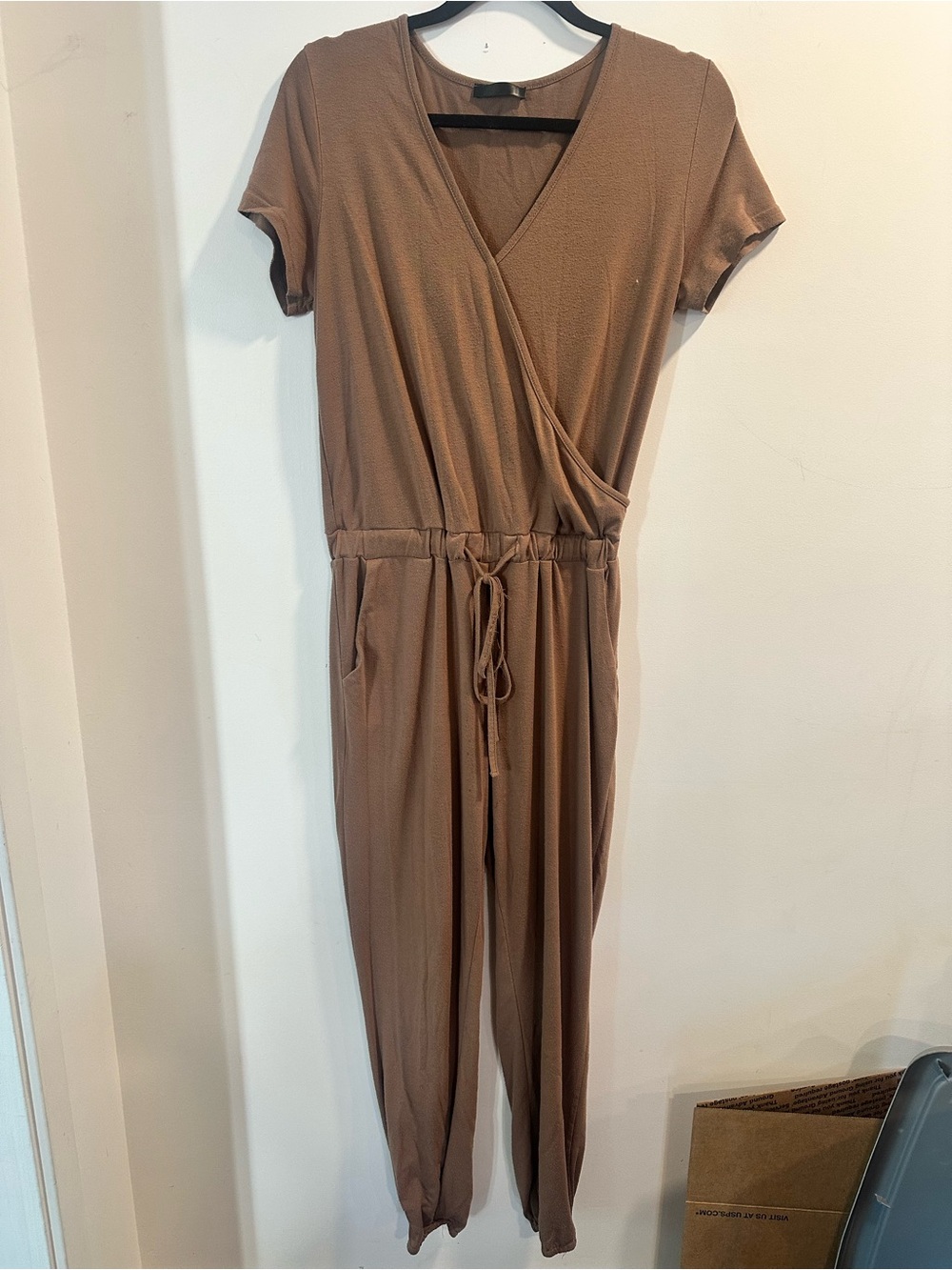 Source Unknown Brown Short-Sleeve Wrap Jumpsuit